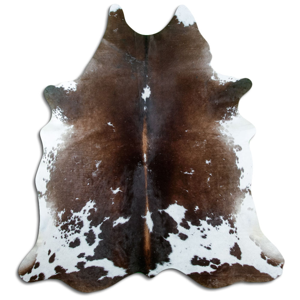 Peau de vache tricolore d’environ 210 × 190 cm, vue de dessus : exactement la peau que vous recevez