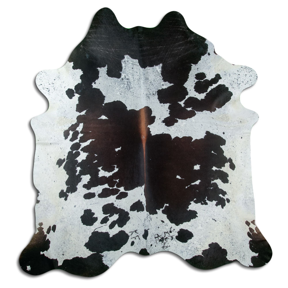 Peau de vache tricolore d’environ 220 × 210 cm, vue de dessus : exactement la peau que vous recevez