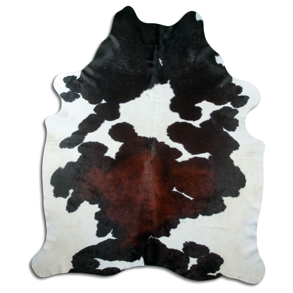 Peau de vache tricolore d’environ 240 × 210 cm, vue de dessus : exactement la peau que vous recevez