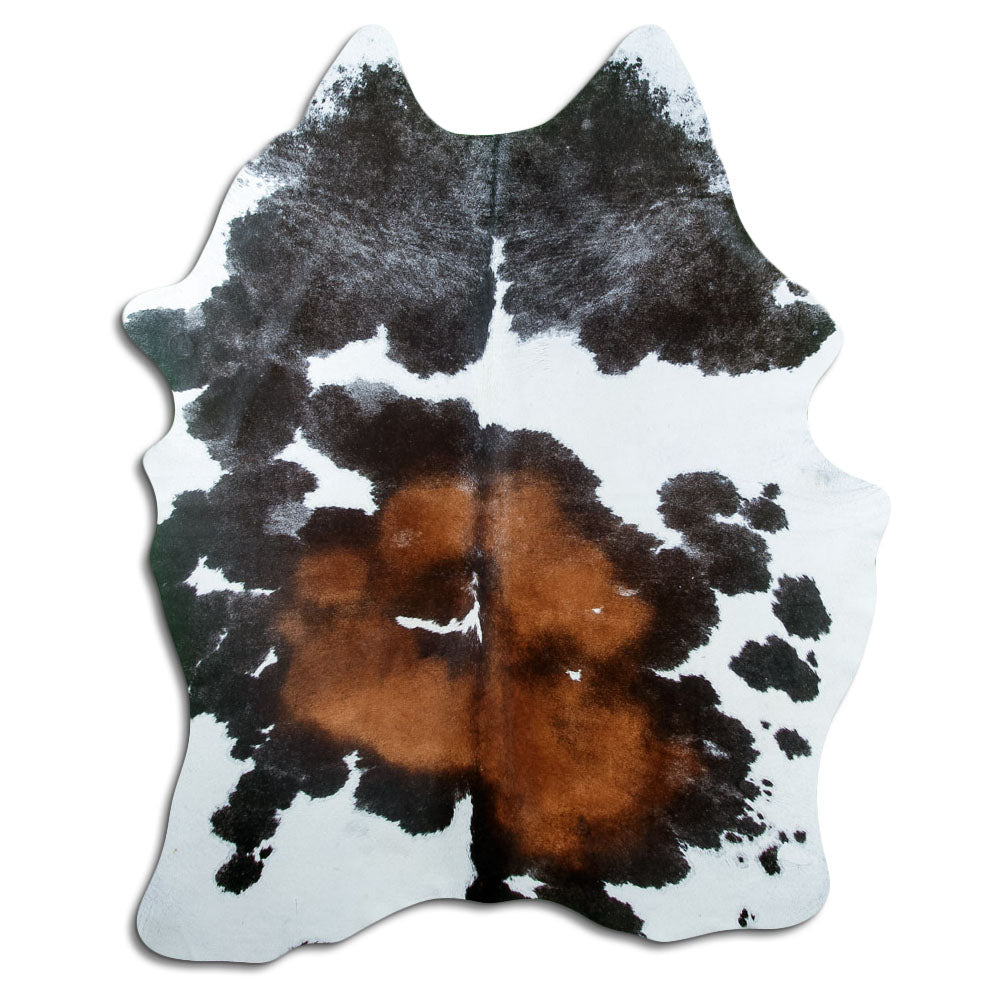 Peau de vache tricolore d’environ 200 × 150 cm, vue de dessus : exactement la peau que vous recevez