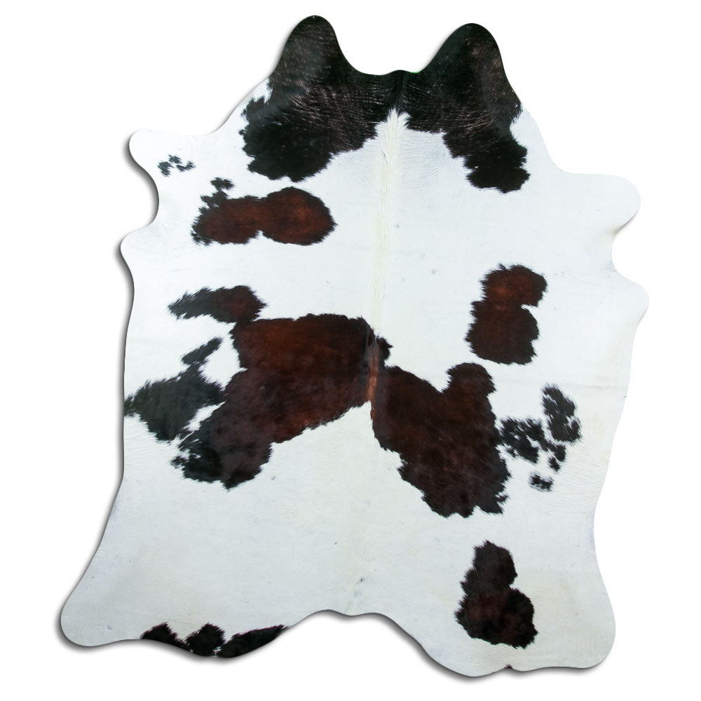 Peau de vache tricolore d’environ 200 × 180 cm, vue de dessus : exactement la peau que vous recevez