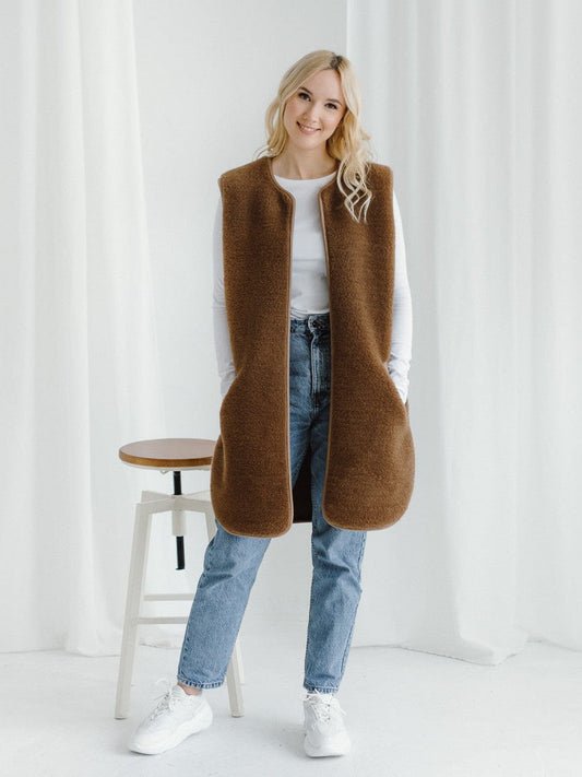 Gilet chameau et mérinos « Pearl » marron foncé