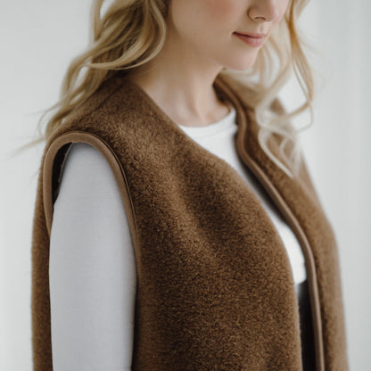 Gilet chameau et mérinos « Pearl » marron foncé
