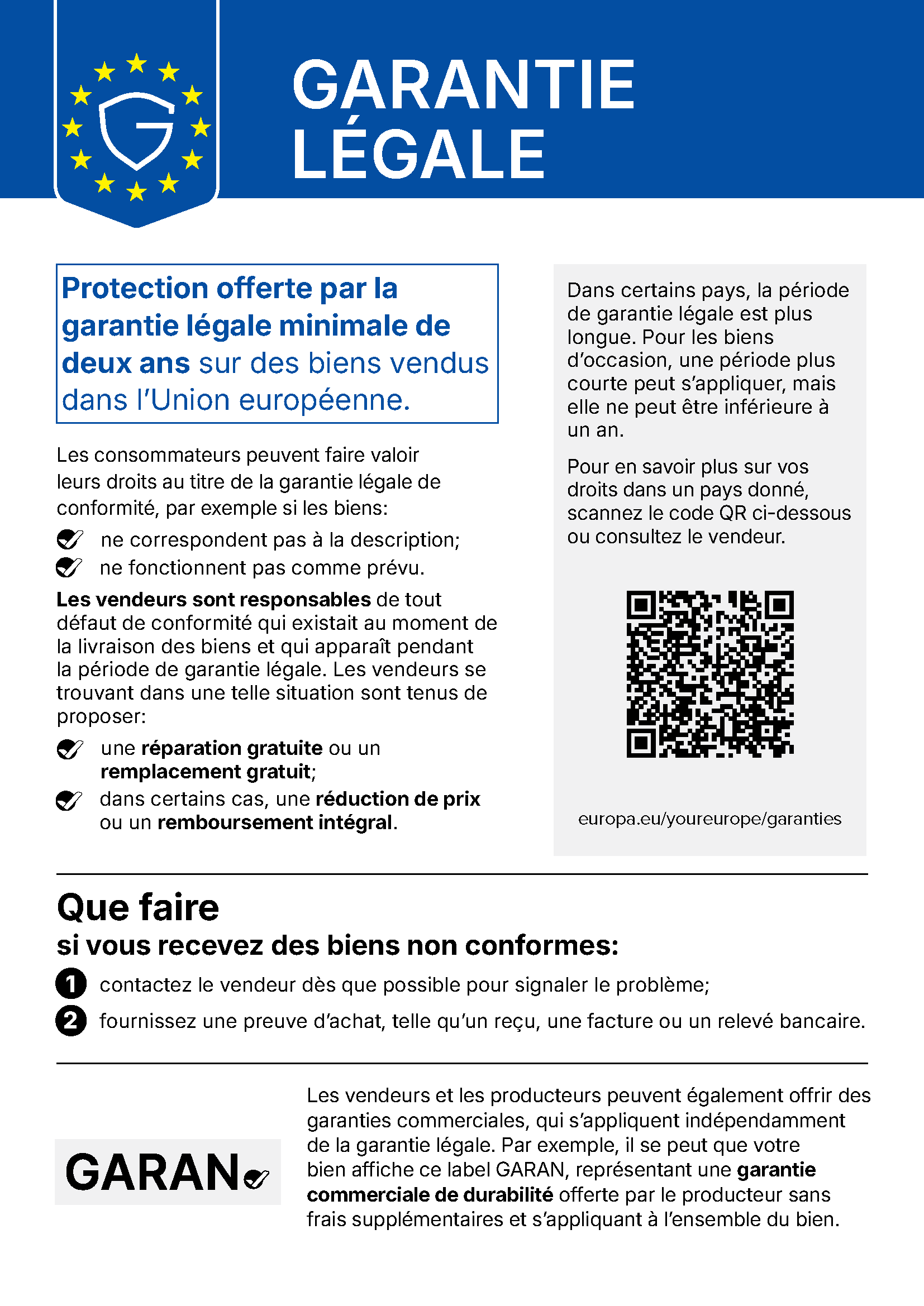 Avis officiel de l’UE sur la garantie légale : au moins deux ans de protection pour les biens vendus dans l’Union européenne.